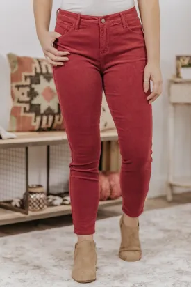 Cherry Cello Mid Rise Courduroy Crop Skinny Jean in Dark Cherry