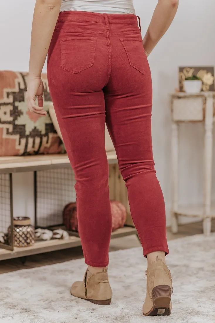 Cherry Cello Mid Rise Courduroy Crop Skinny Jean in Dark Cherry