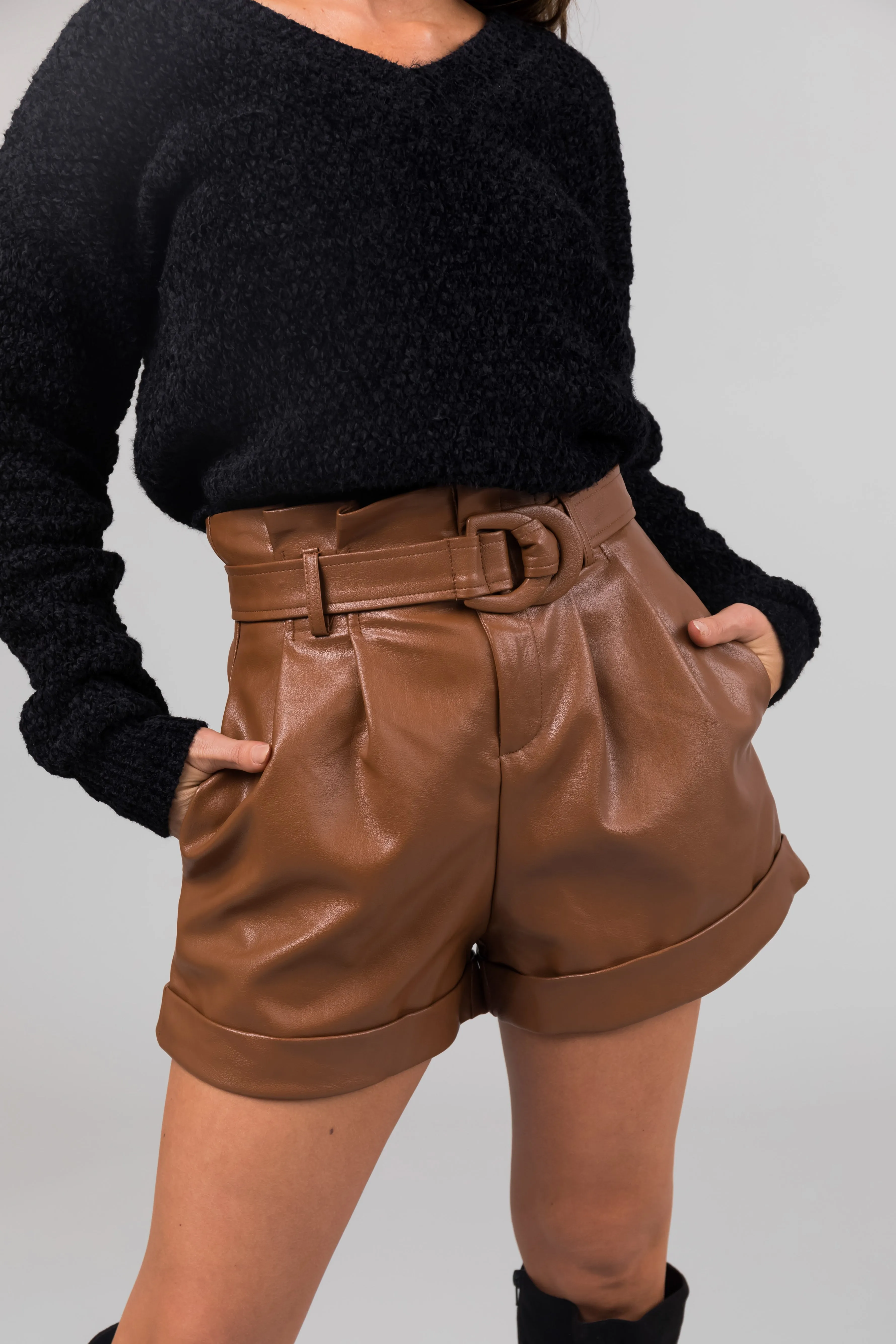 Cognac Belted Faux Leather Cuffed Shorts