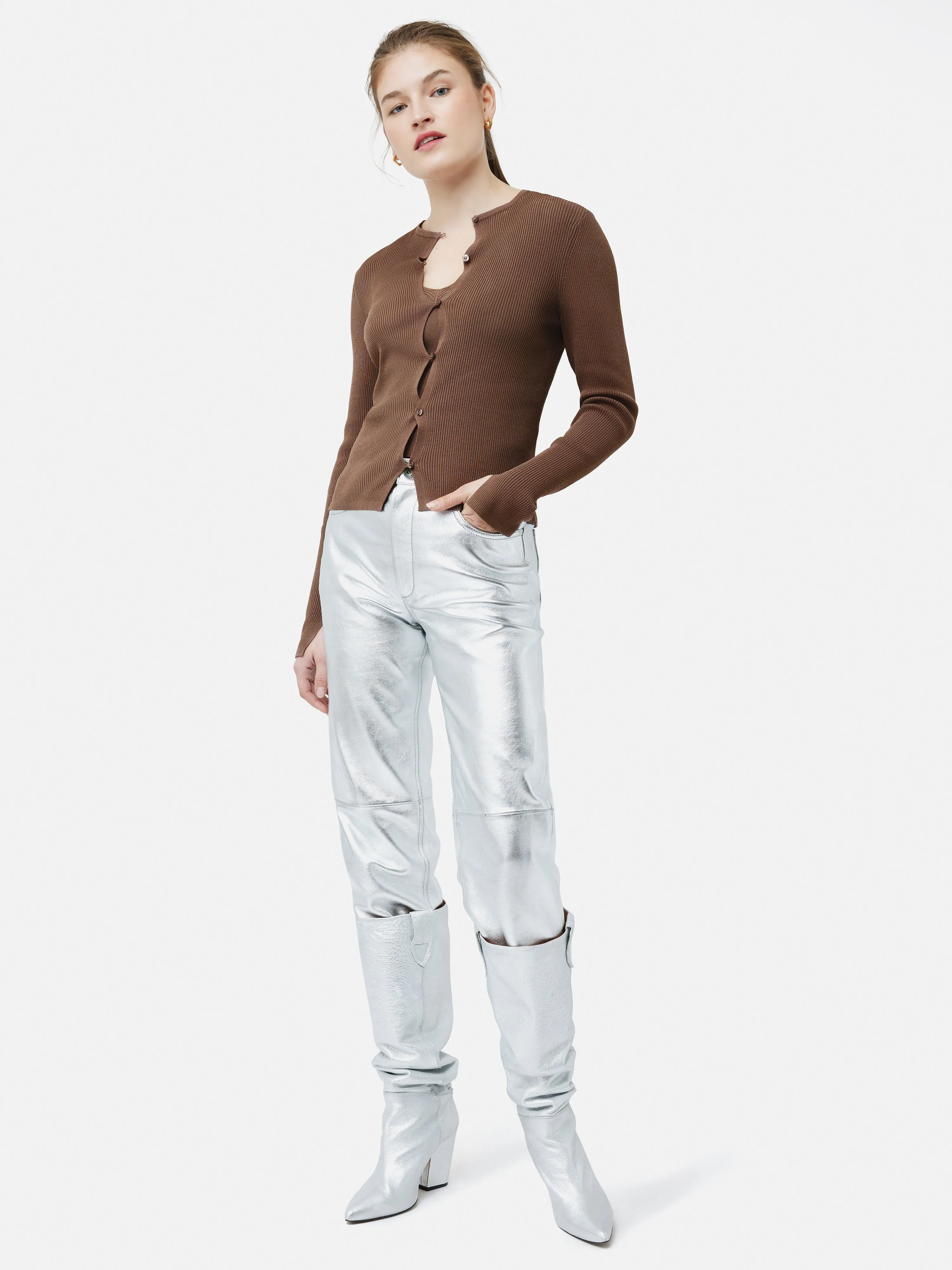 Cropped Crew Neck Cardigan | Brown
