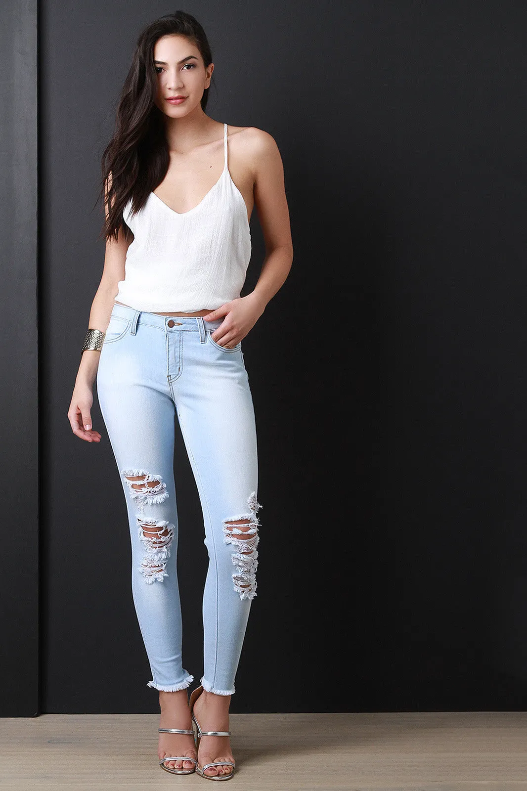 Distressed Light Stone Wash Low Rise Jeans