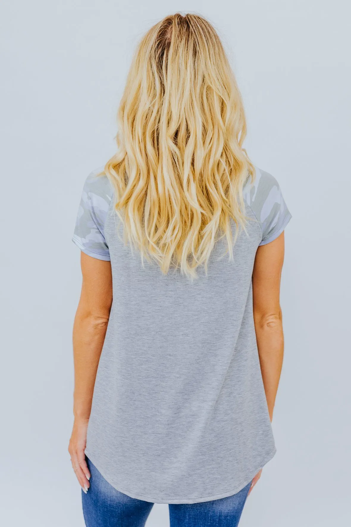Finding My Way Back To You Camo Detail Short Sleeve Top in Grey