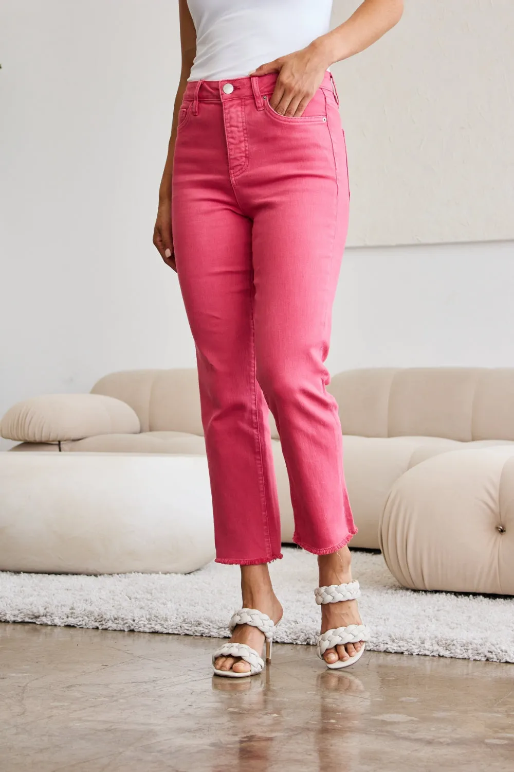 Full Size Tummy Control High Waist Raw Hem Jeans
