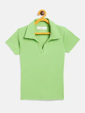 Girls Green Polo Neck Rib Top