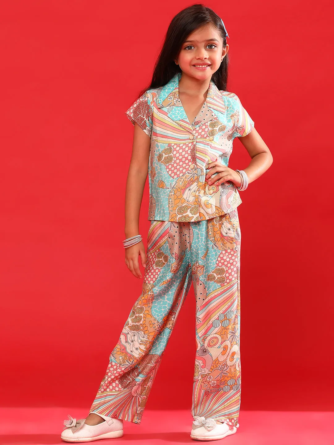 Girls Multi Color Rayon Printed Top With Pant Co-Ord Set
