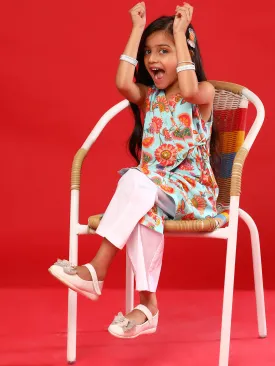 Girls Sky & White Rayon Printed Kurta With Pant