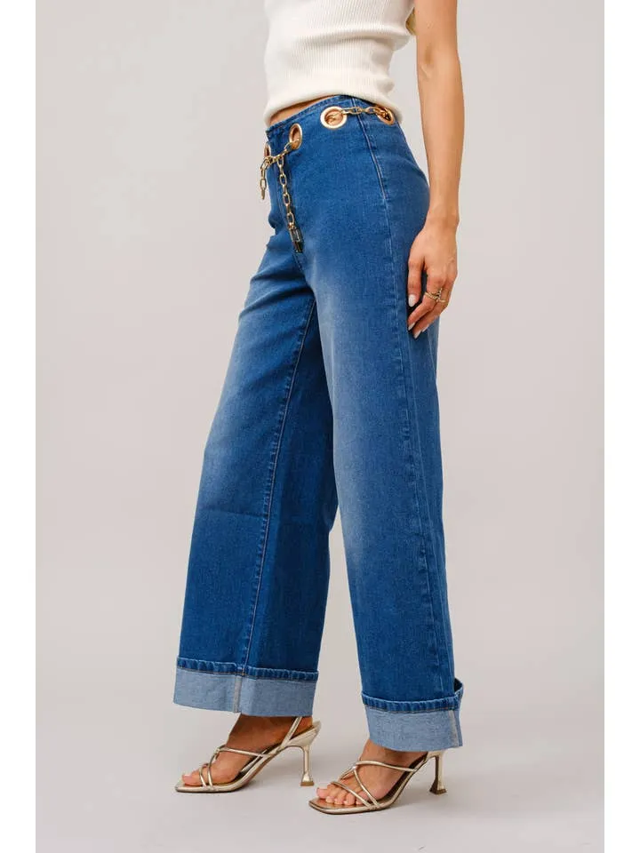 Gold Grommet Chain Belt Wide Leg Denim Jeans
