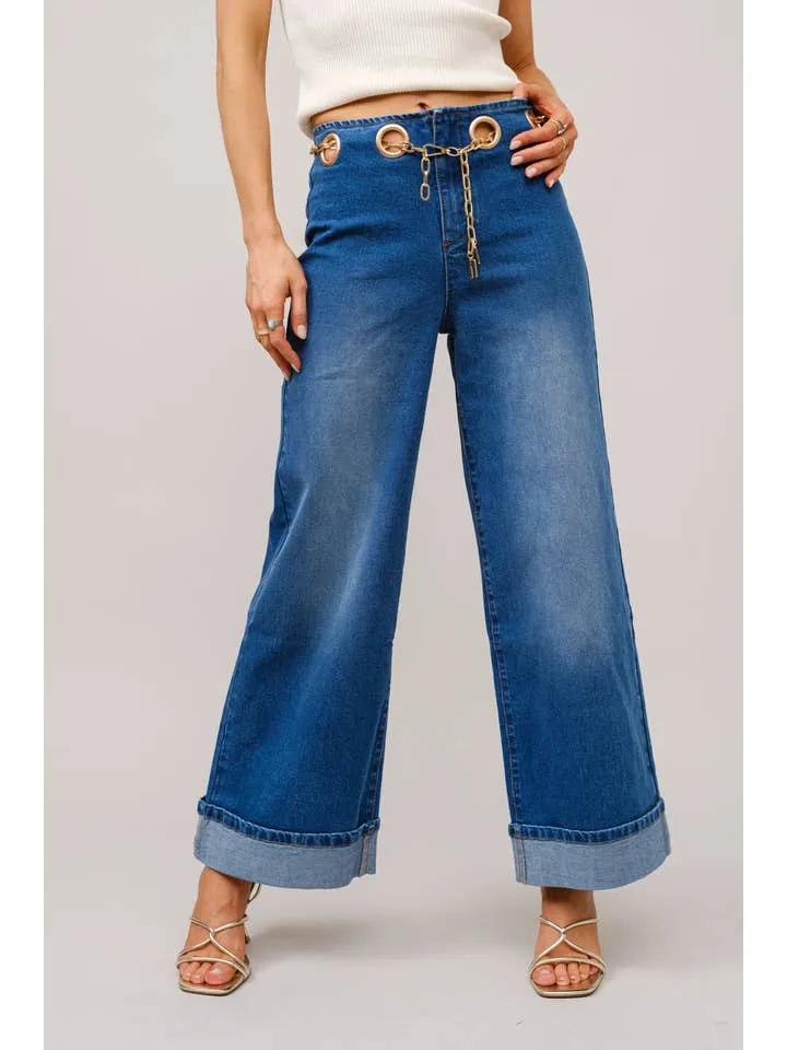 Gold Grommet Chain Belt Wide Leg Denim Jeans