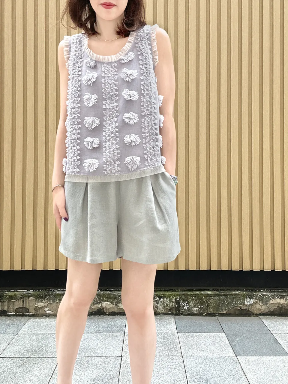 Greyish Green Floral Ruffled Pocket Pure Linen Paperbag Shorts