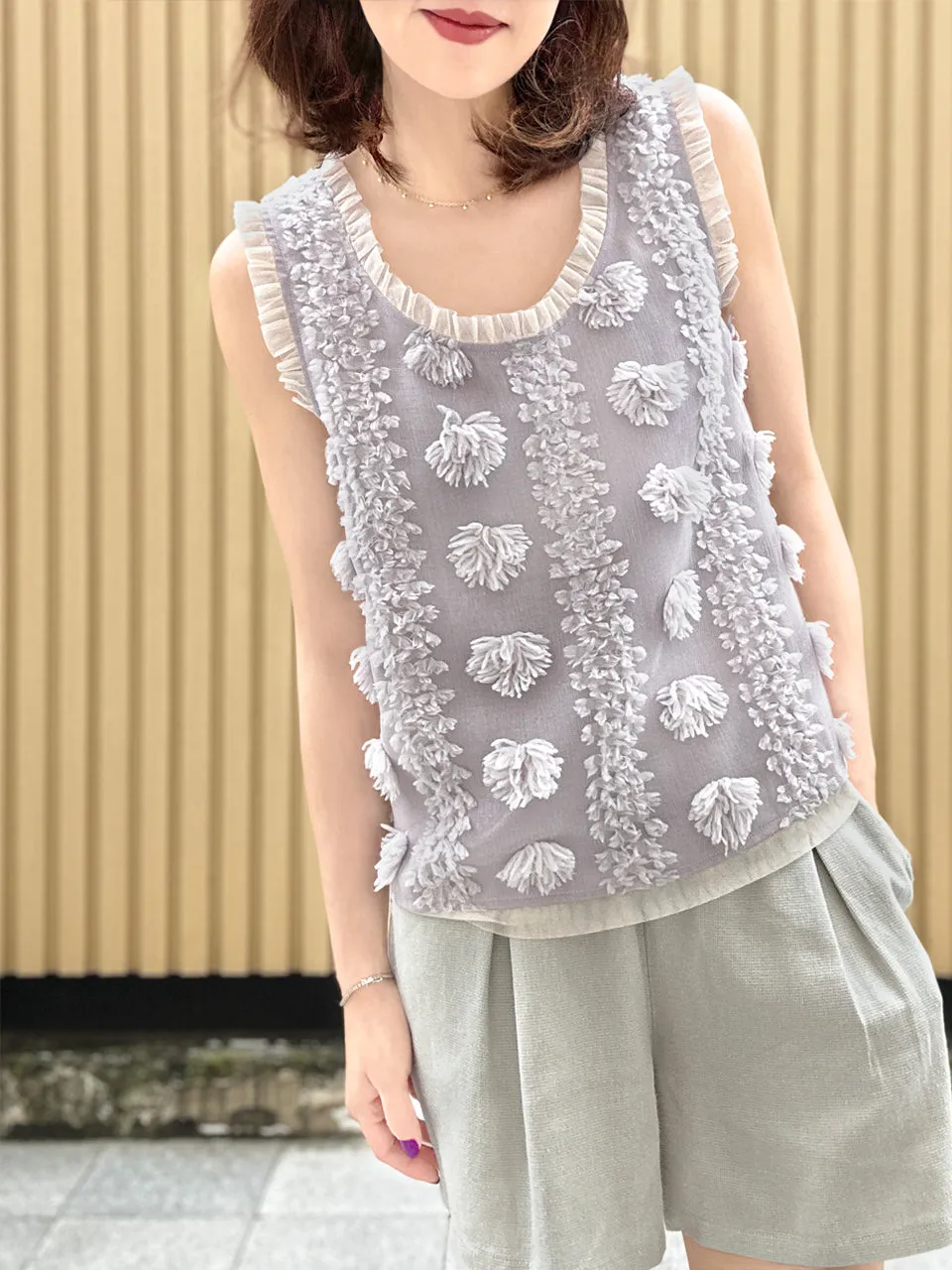 Greyish Green Floral Ruffled Pocket Pure Linen Paperbag Shorts