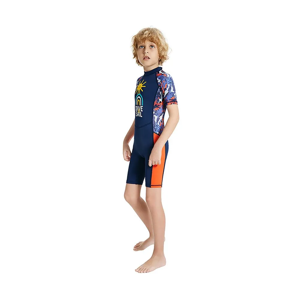Half Sleeves Kids Swimwear Navy Blue & Orange Sunshine Printed Knee Length, with UPF 50 