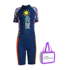 Half Sleeves Kids Swimwear Navy Blue & Orange Sunshine Printed Knee Length, with UPF 50 