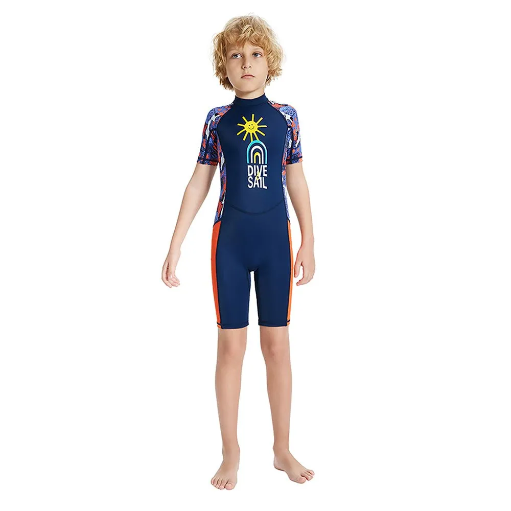 Half Sleeves Kids Swimwear Navy Blue & Orange Sunshine Printed Knee Length, with UPF 50 