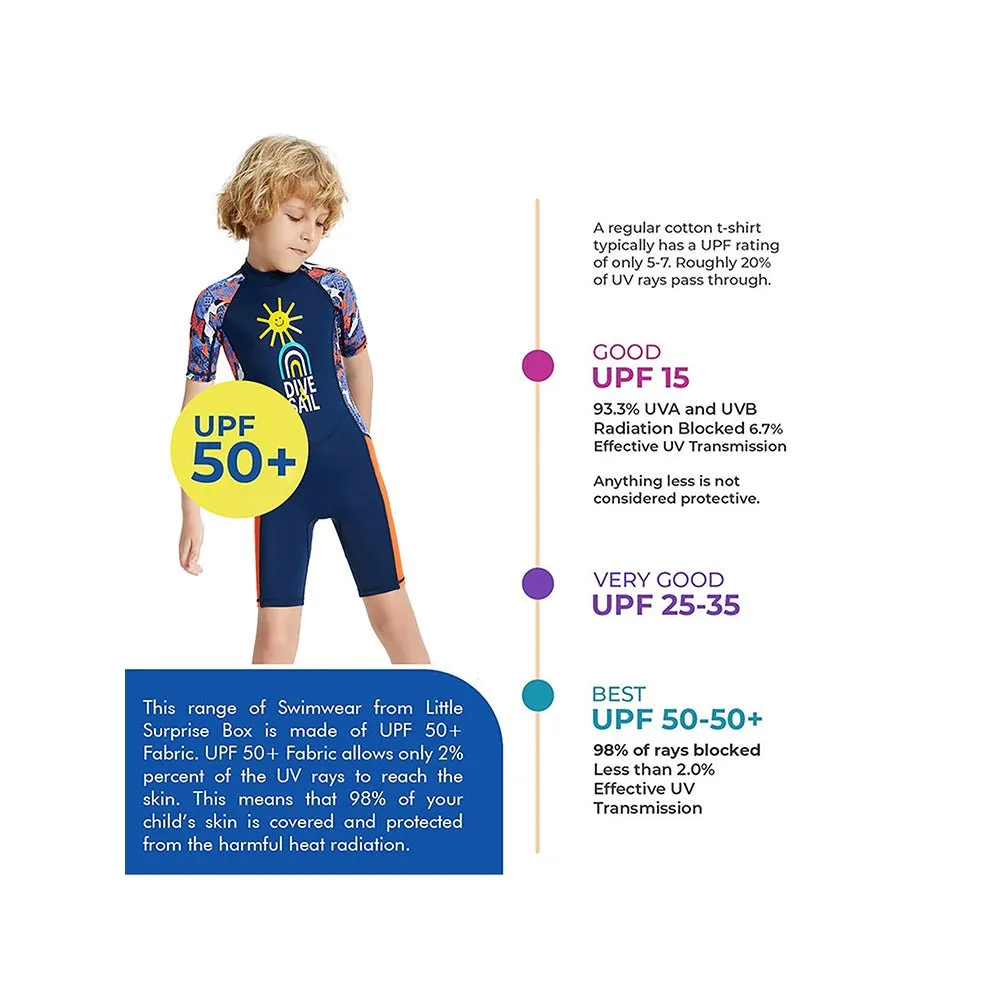 Half Sleeves Kids Swimwear Navy Blue & Orange Sunshine Printed Knee Length, with UPF 50 