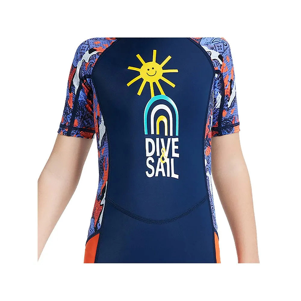 Half Sleeves Kids Swimwear Navy Blue & Orange Sunshine Printed Knee Length, with UPF 50 