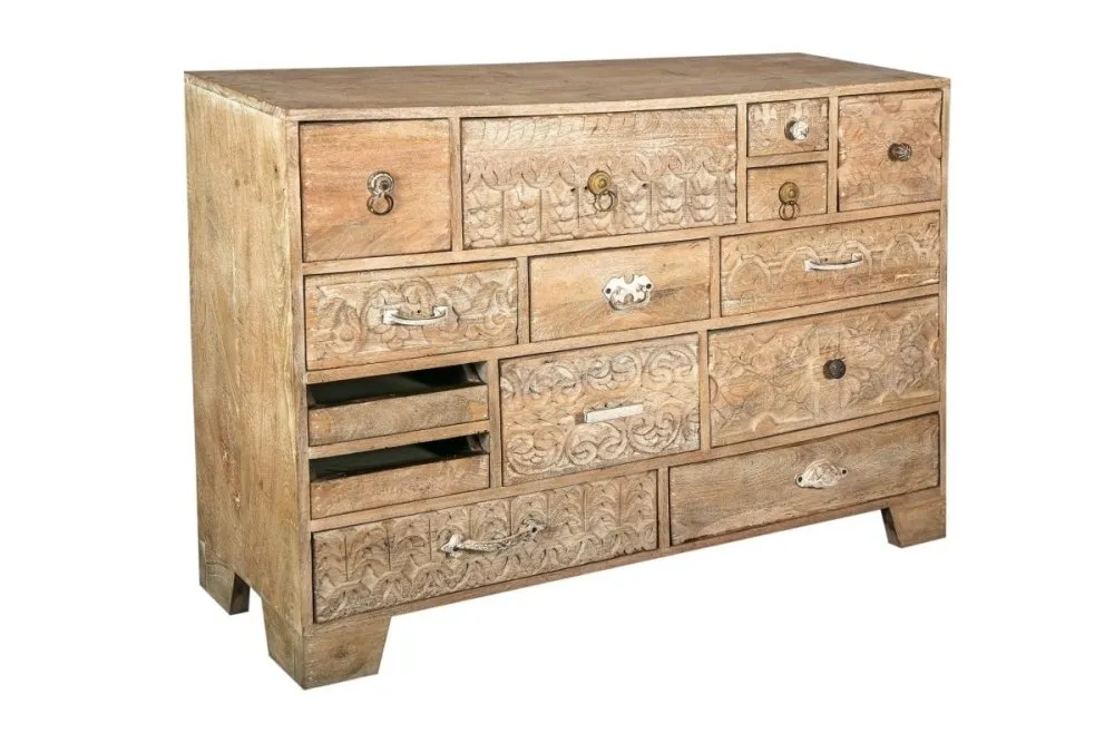 Hand Carved natural wood Chest of Drawers in Natural Distressed finish