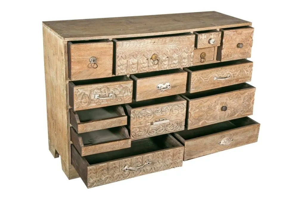 Hand Carved natural wood Chest of Drawers in Natural Distressed finish