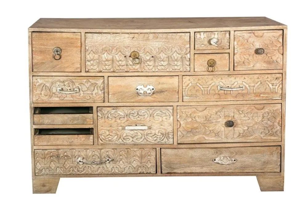 Hand Carved natural wood Chest of Drawers in Natural Distressed finish