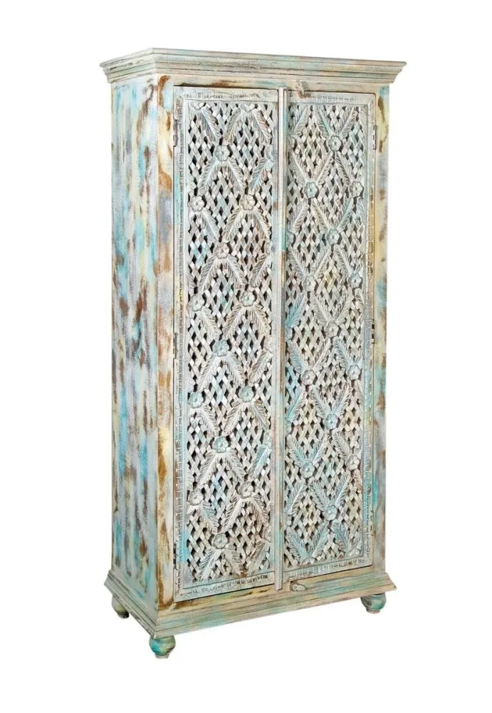 Hand Carved Wooden Dresser in Distressed White Jaal