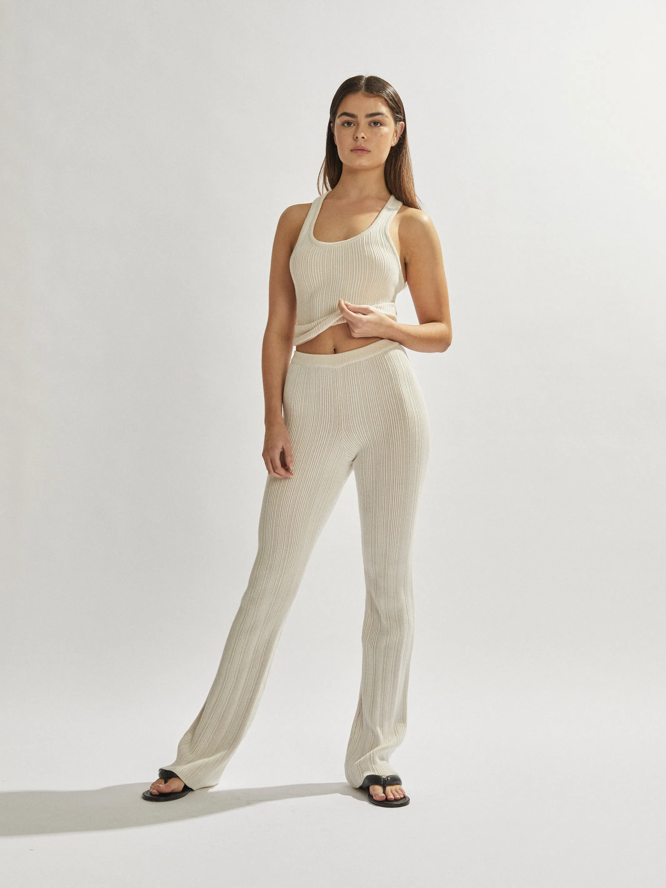 Henley Pants White Beige Cropped