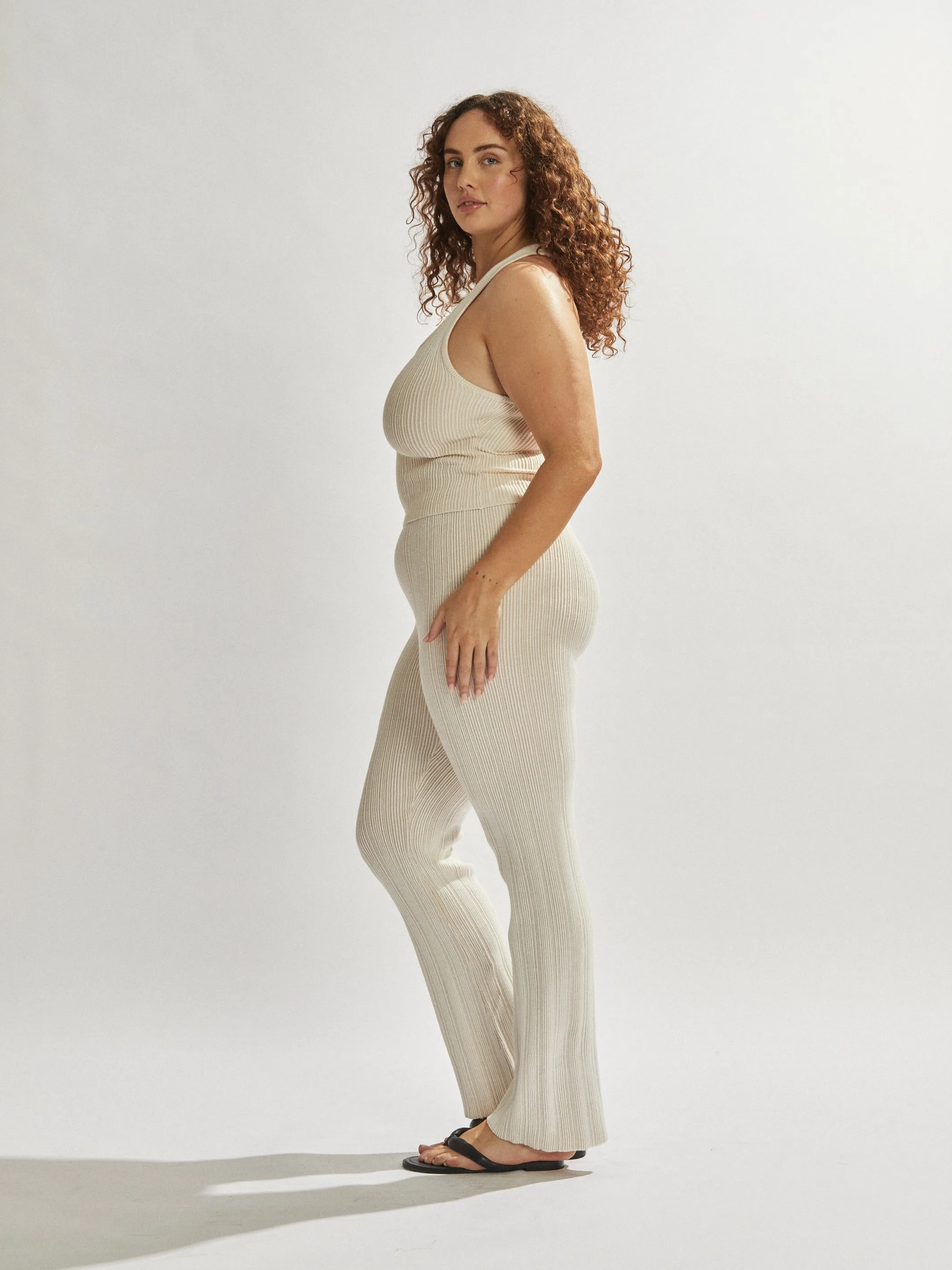 Henley Pants White Beige Cropped