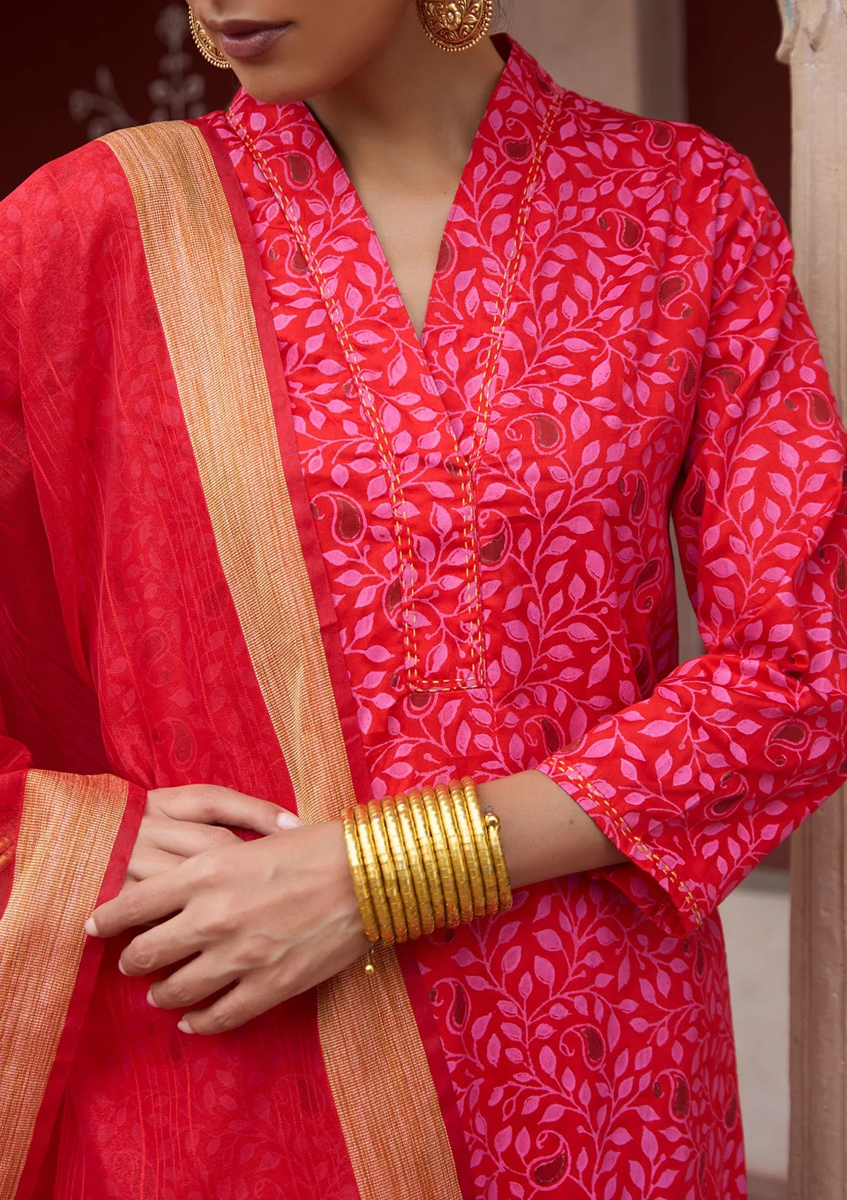 HOC Crafts Glazed Cotton Hand Block Printed with Hand Embroidery Women's 3 PC Long Kurta Set with dupatta - Maroon