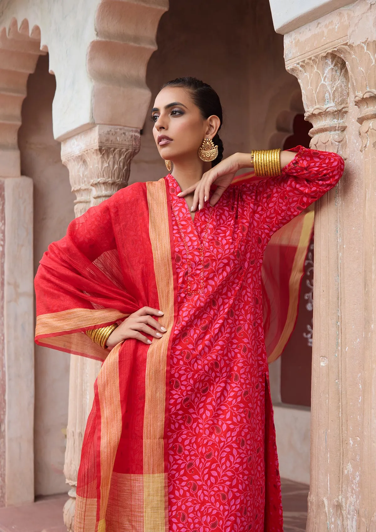 HOC Crafts Glazed Cotton Hand Block Printed with Hand Embroidery Women's 3 PC Long Kurta Set with dupatta - Maroon