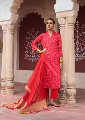 HOC Crafts Glazed Cotton Hand Block Printed with Hand Embroidery Women's 3 PC Long Kurta Set with dupatta - Maroon