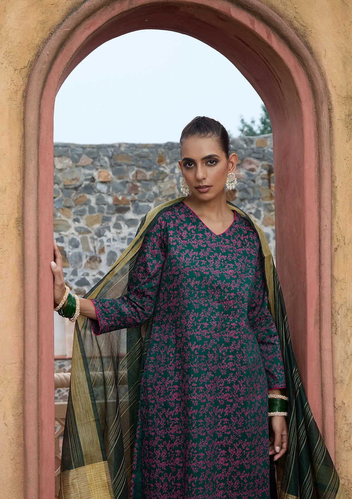HOC Crafts Glazed Cotton Hand Block Printed Women's 3 PC Long Kurta Set with dupatta - Dark Green