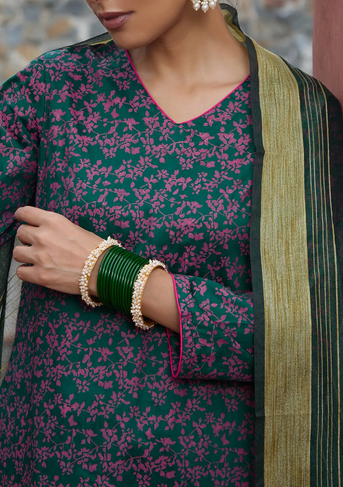 HOC Crafts Glazed Cotton Hand Block Printed Women's 3 PC Long Kurta Set with dupatta - Dark Green