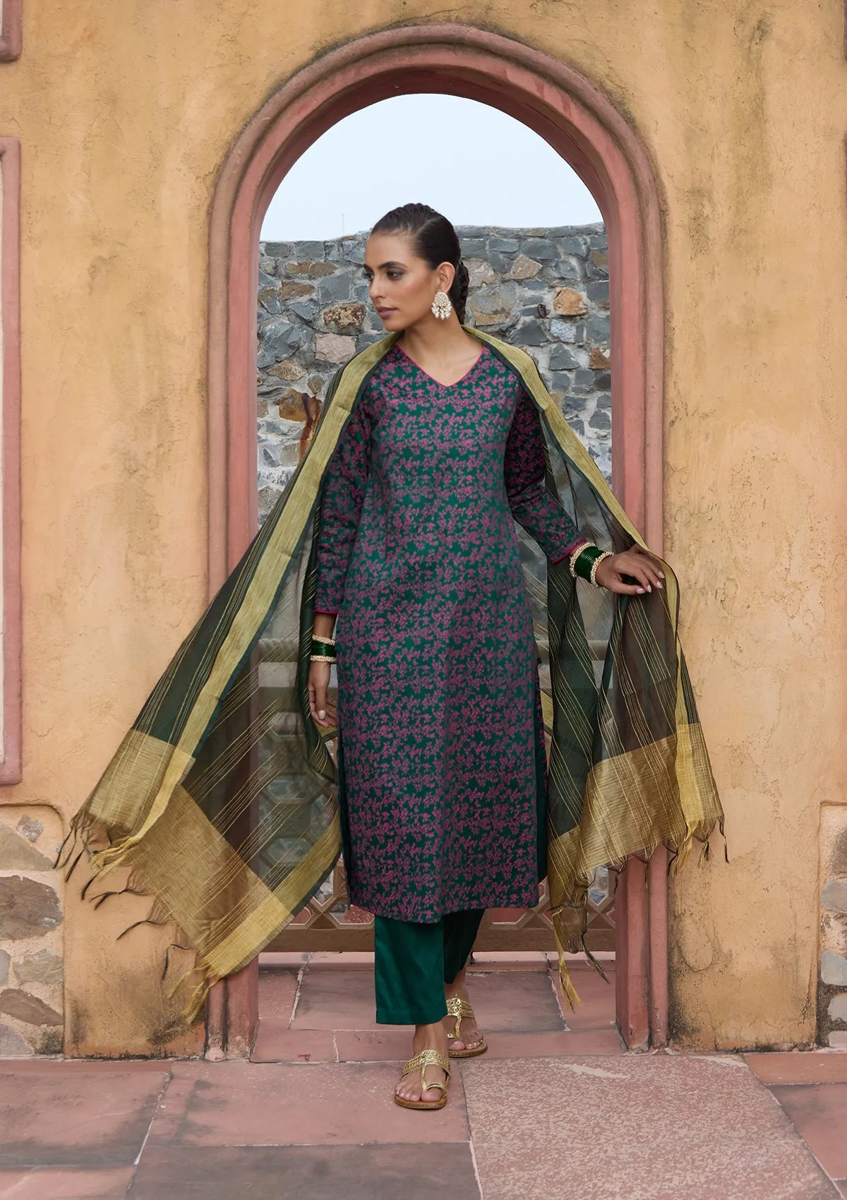 HOC Crafts Glazed Cotton Hand Block Printed Women's 3 PC Long Kurta Set with dupatta - Dark Green
