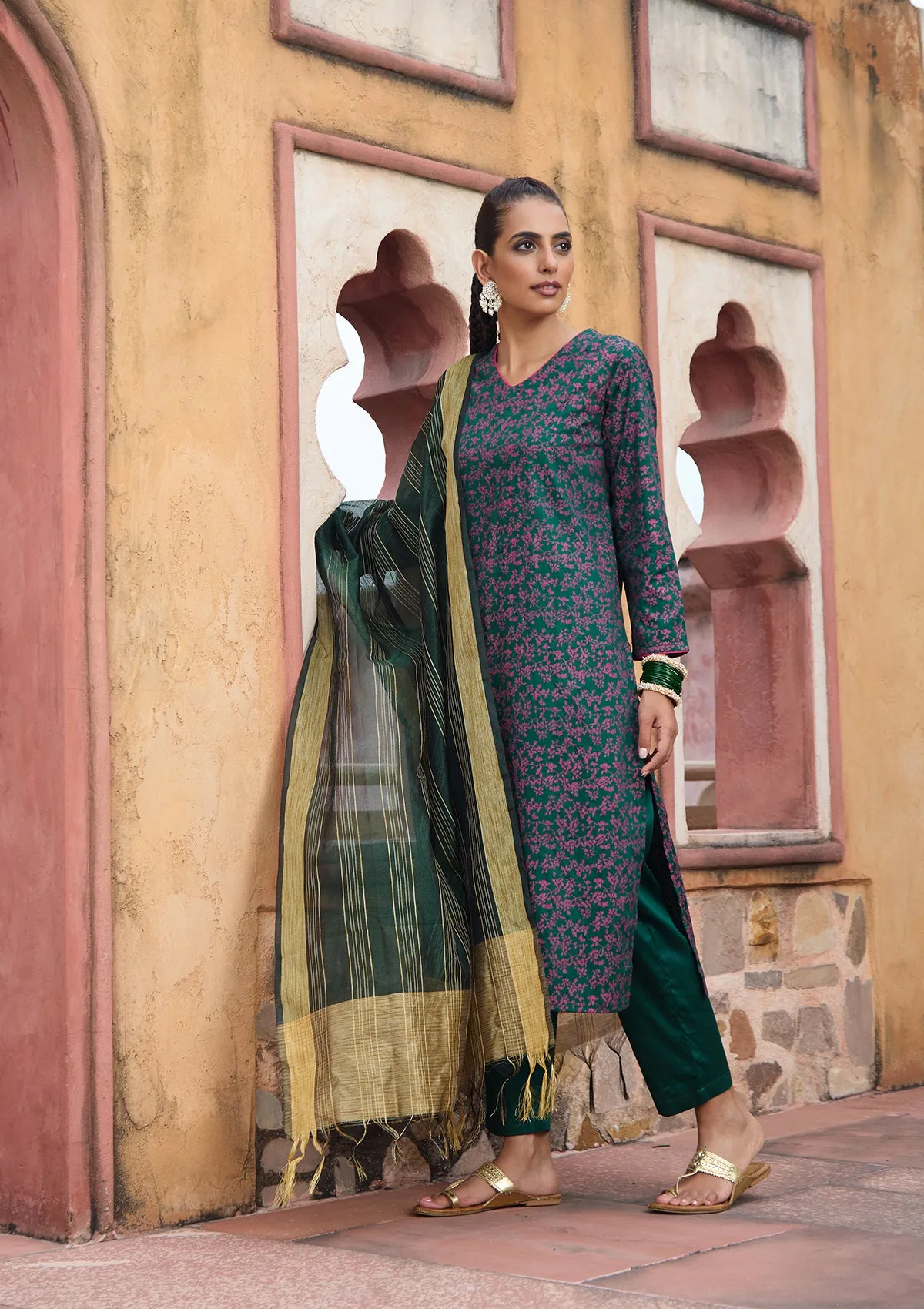 HOC Crafts Glazed Cotton Hand Block Printed Women's 3 PC Long Kurta Set with dupatta - Dark Green