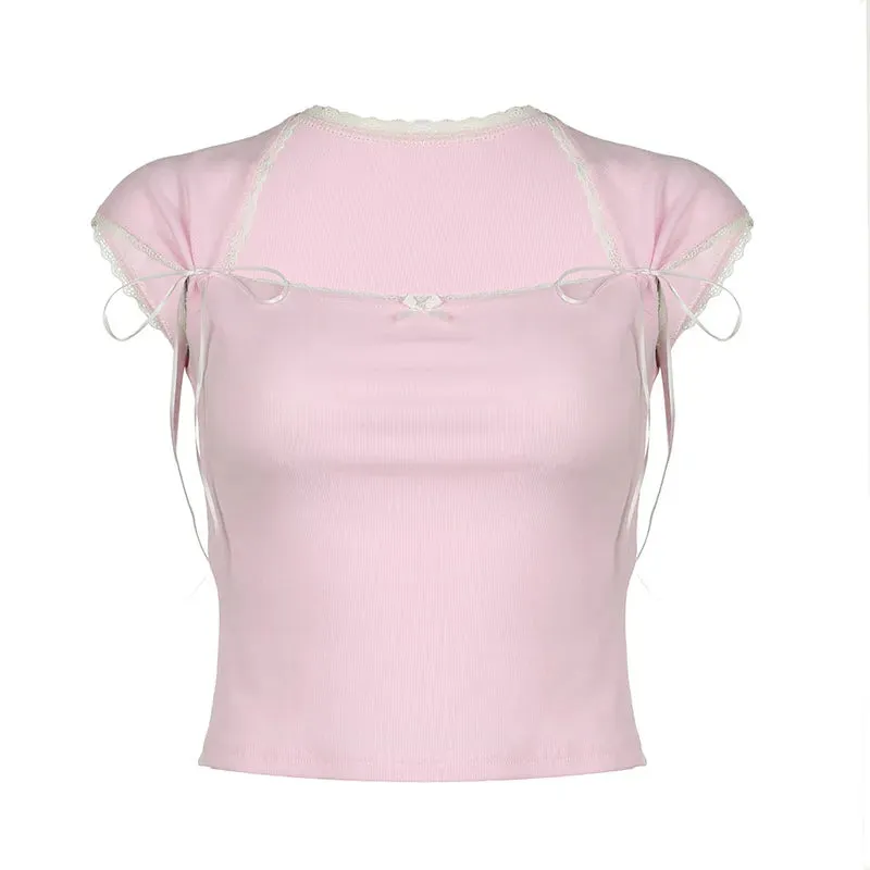 HONET - BALLETCORE SHORT SLEEVE SQUARE-NECK BOW ACCENT LACE-TRIM SLIM-FIT CROP TOP