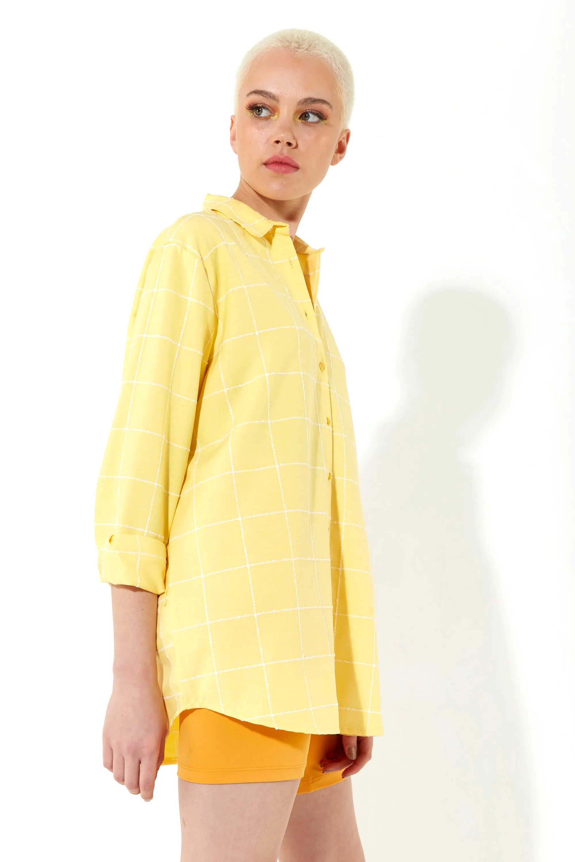 House of Holland Jacquard Check 3 /4 Length Sleeve Oversized Shirt in Yellow