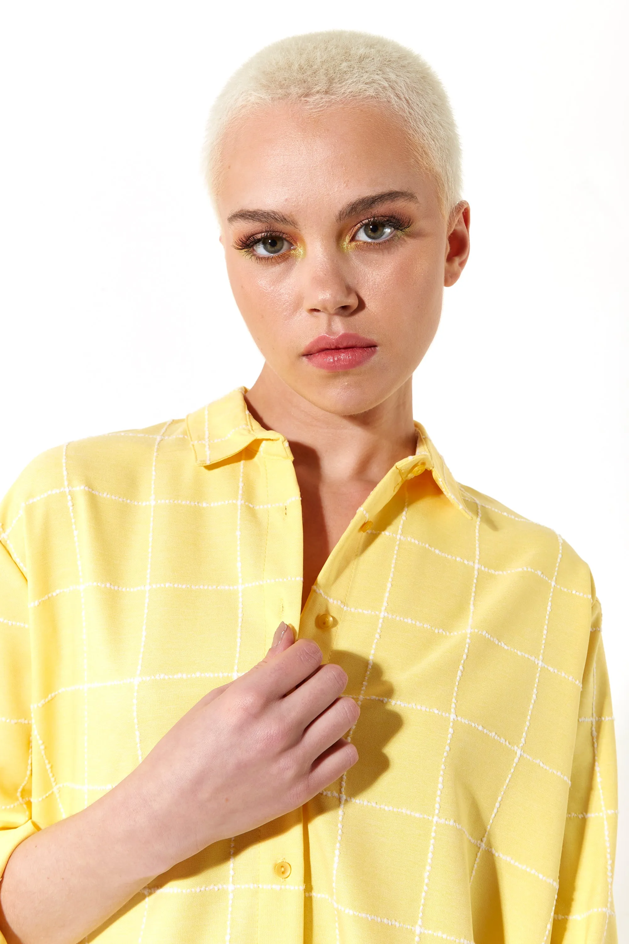 House of Holland Jacquard Check 3 /4 Length Sleeve Oversized Shirt in Yellow