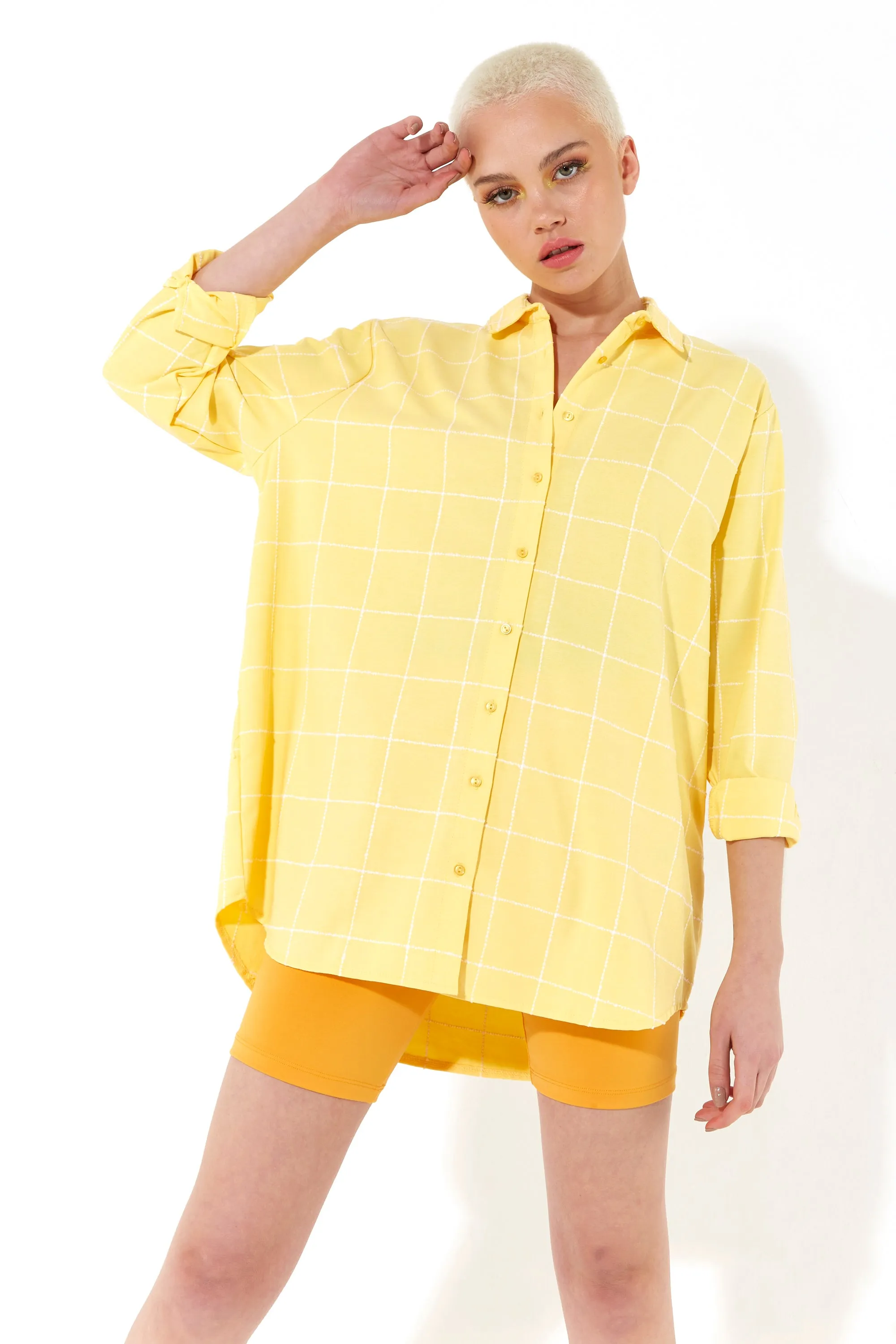 House of Holland Jacquard Check 3 /4 Length Sleeve Oversized Shirt in Yellow