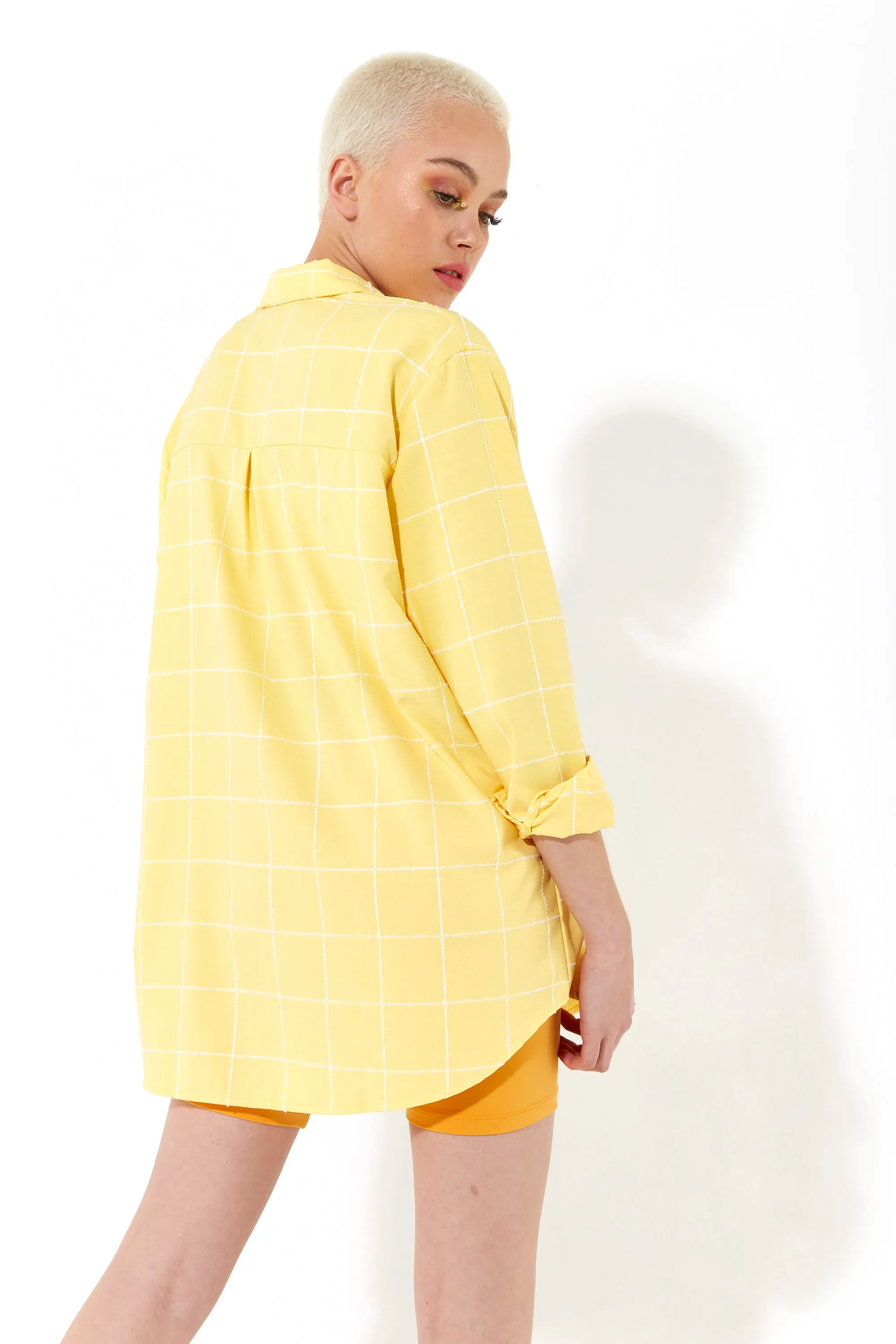 House of Holland Jacquard Check 3 /4 Length Sleeve Oversized Shirt in Yellow