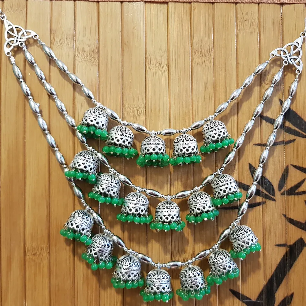 Imeora Multi Jhumki Tribal Necklace with Green Hangings