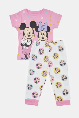 Infant Girls Pink And White Minnie And Mickey Mouse Pyjama Set (2 Piece)