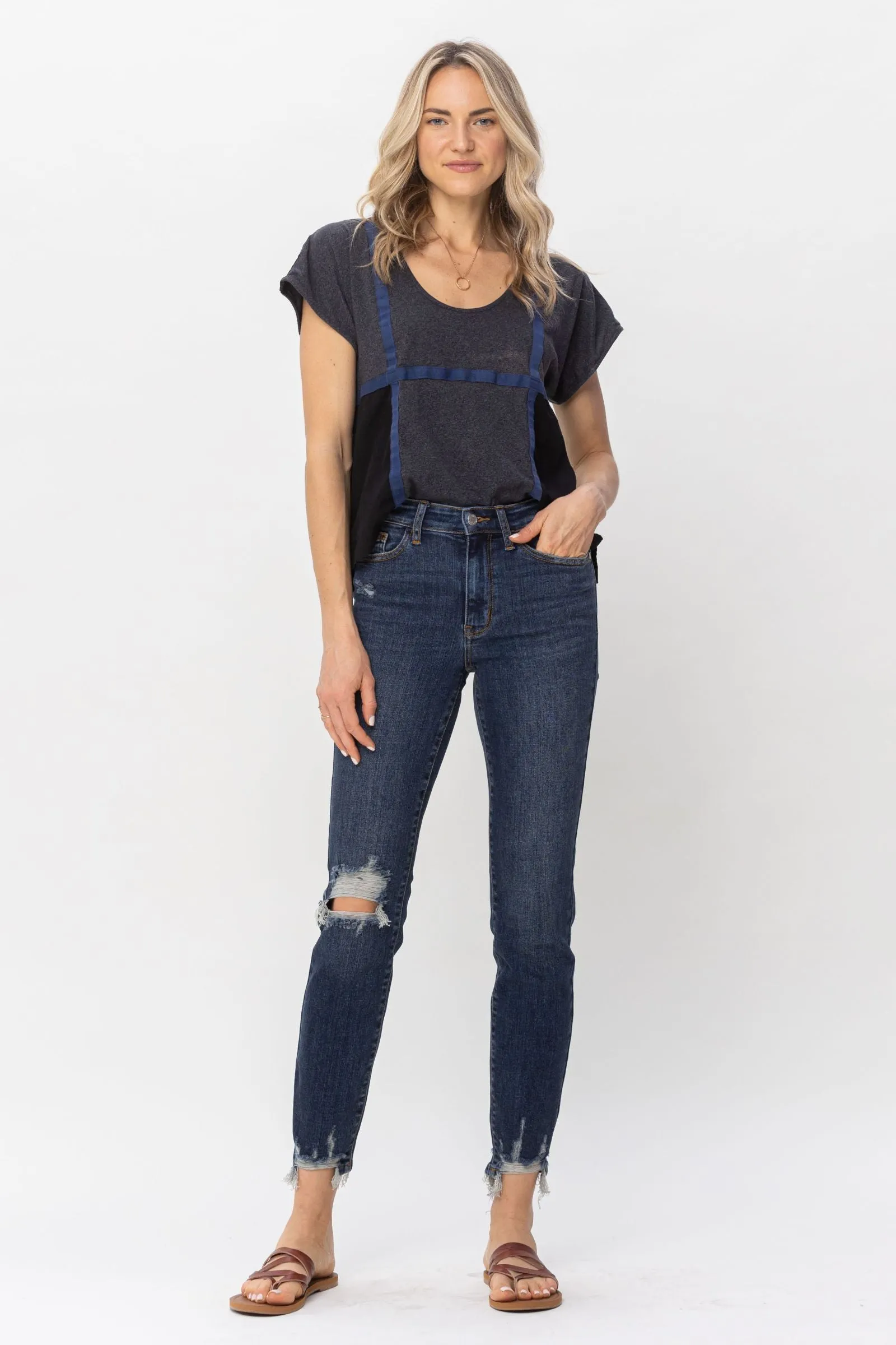 Judy Blue Mid Rise Chopped Hem Relaxed Denim 82446
