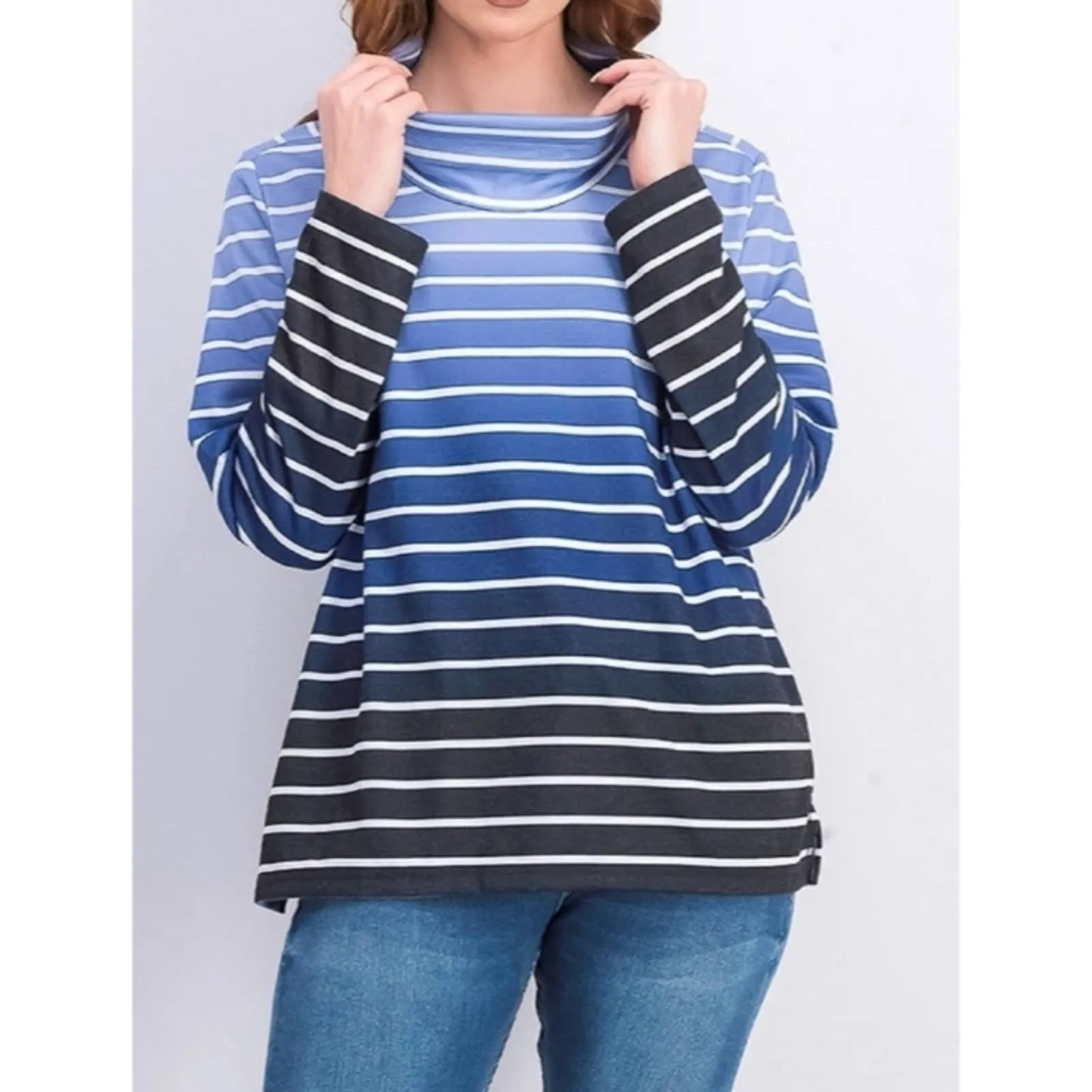 Karen Scott Sport Ombré Striped Cowlneck Sweatshirt Top Blue Small