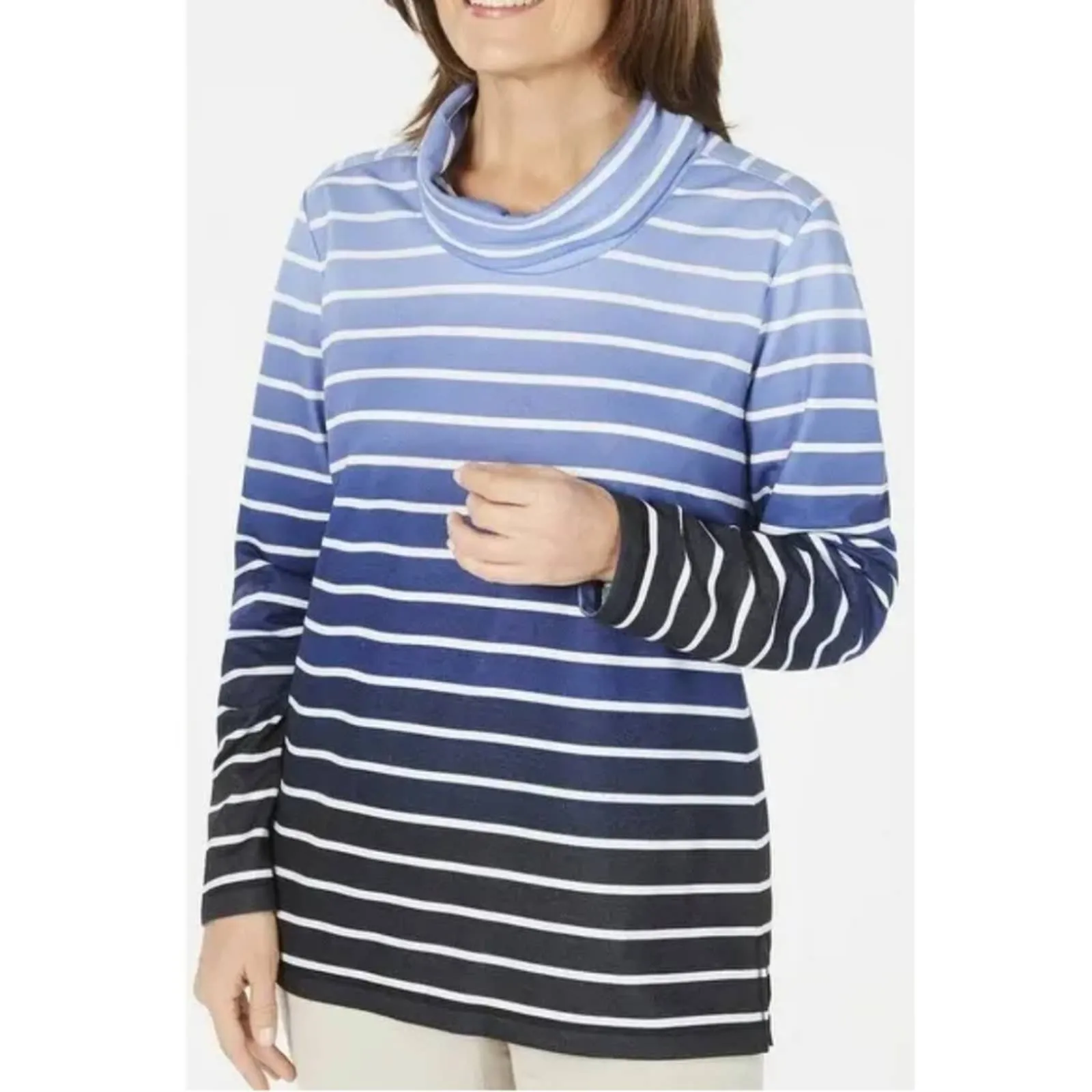 Karen Scott Sport Ombré Striped Cowlneck Sweatshirt Top Blue Small