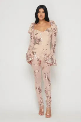 Long Sleeve Sequins Jumpsuit with Puff Shoulder