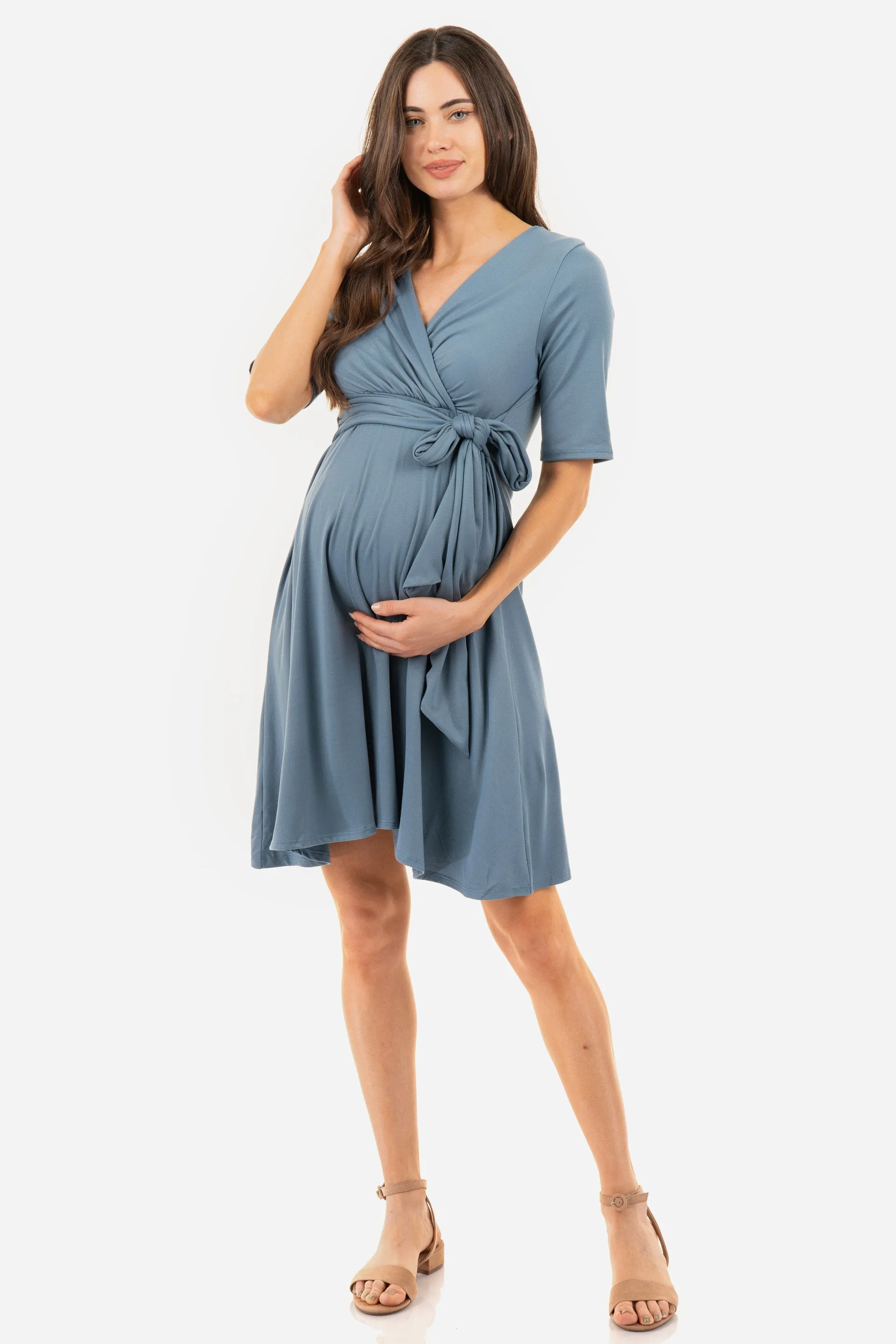 Maternity and Nursing Knee Length Dress with Tie Belt