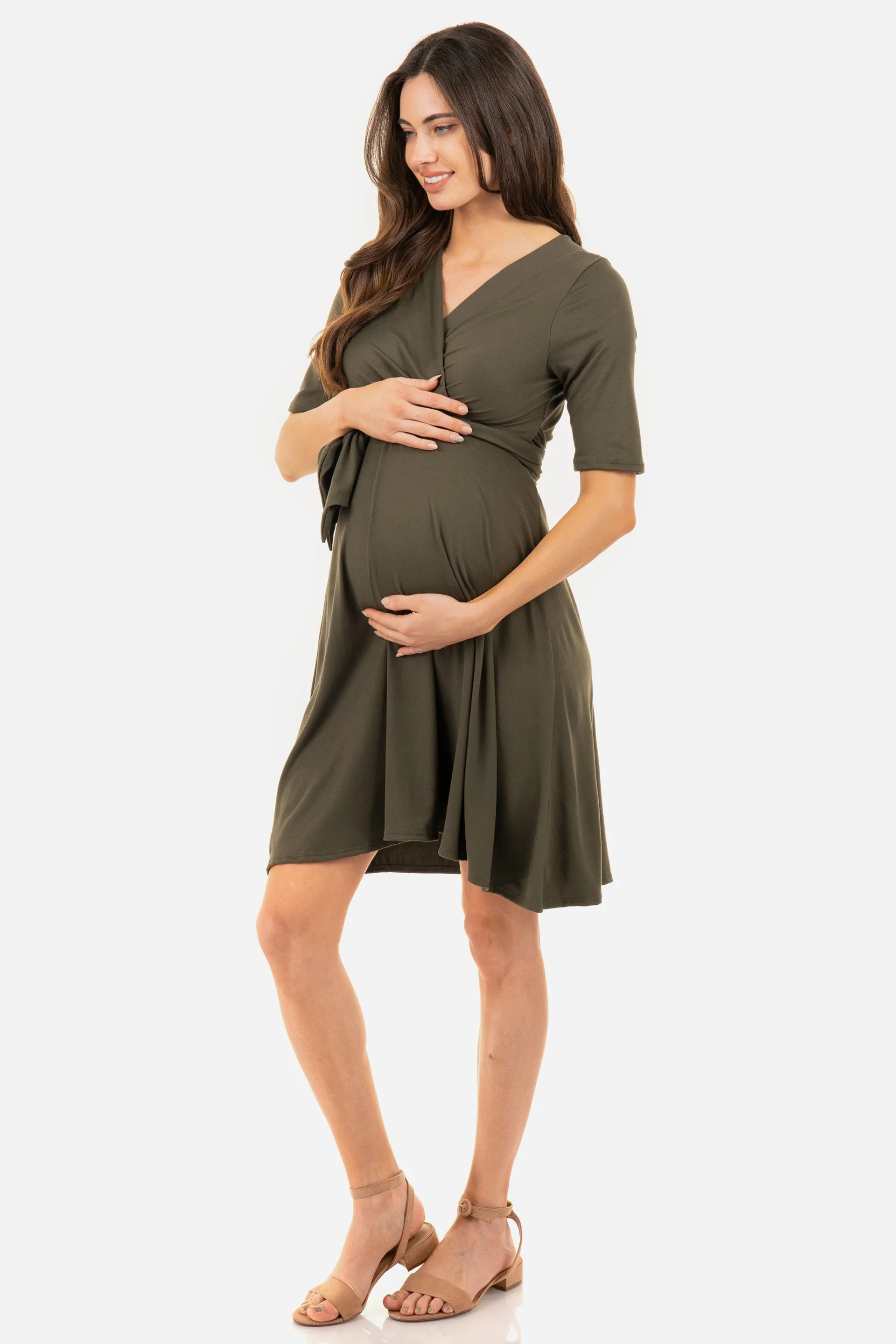 Maternity and Nursing Knee Length Dress with Tie Belt