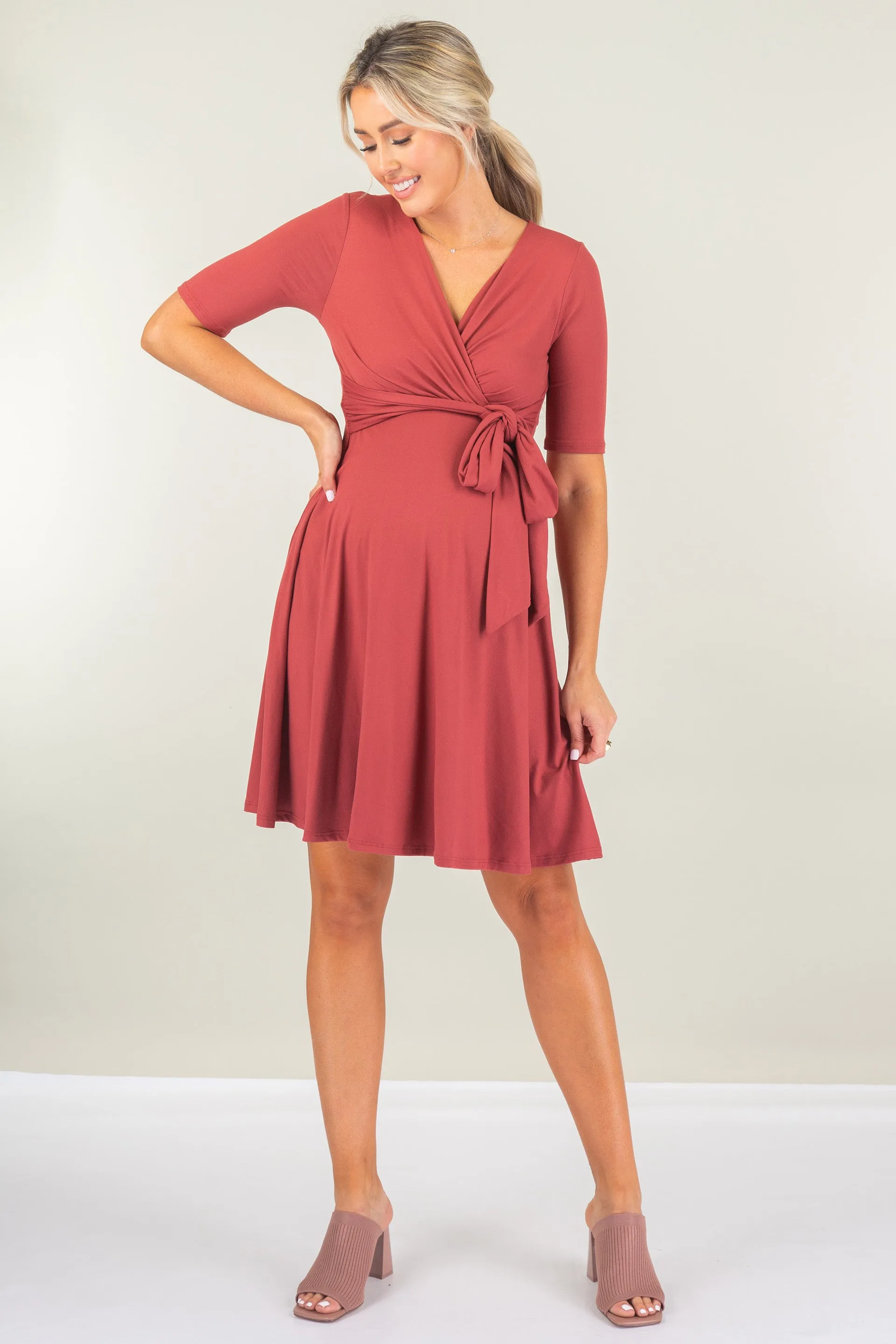 Maternity and Nursing Knee Length Dress with Tie Belt