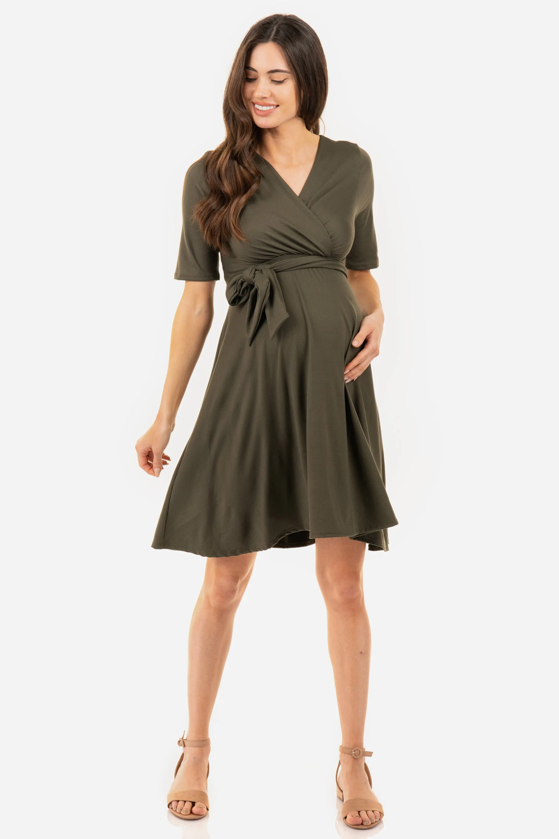 Maternity and Nursing Knee Length Dress with Tie Belt