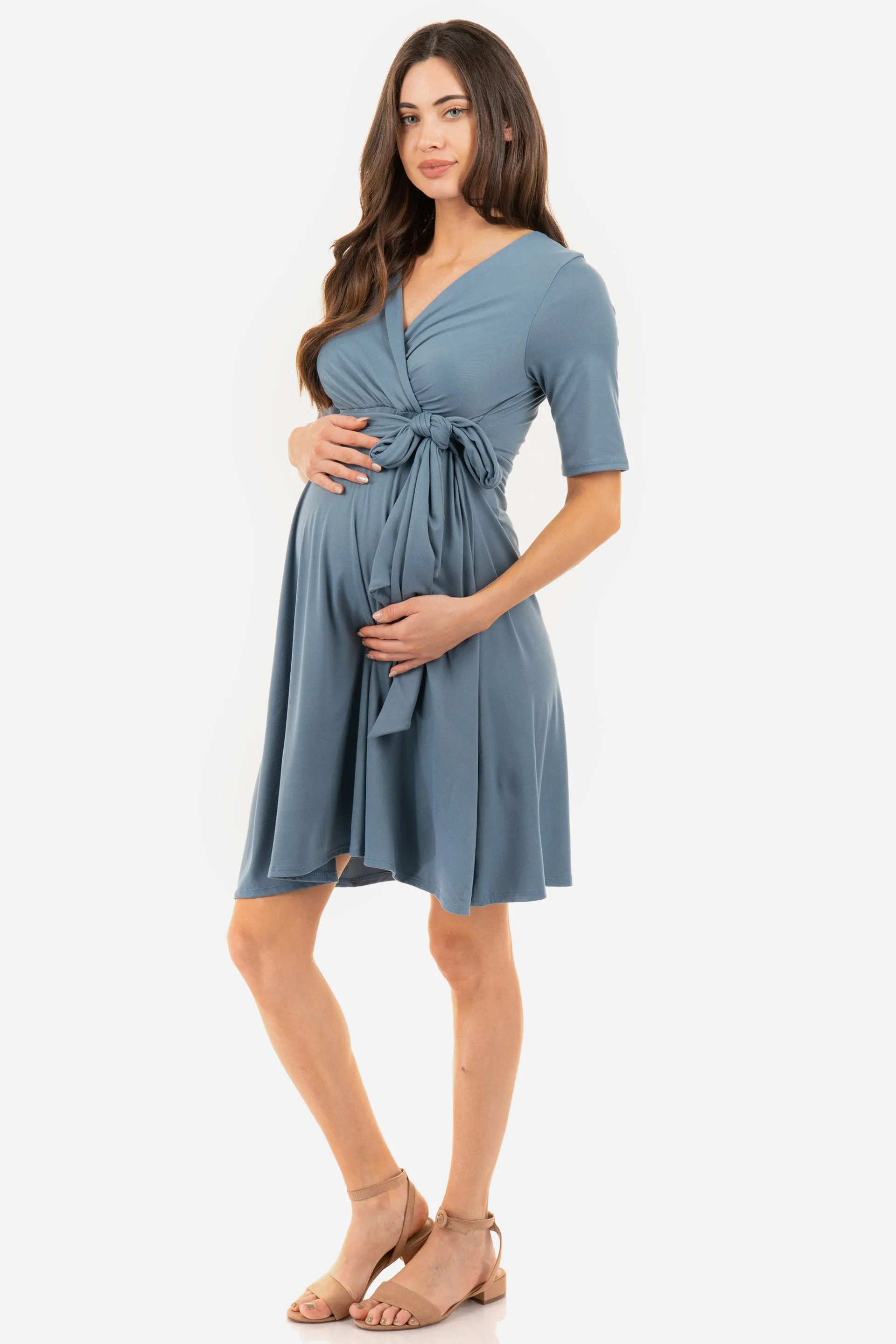 Maternity and Nursing Knee Length Dress with Tie Belt