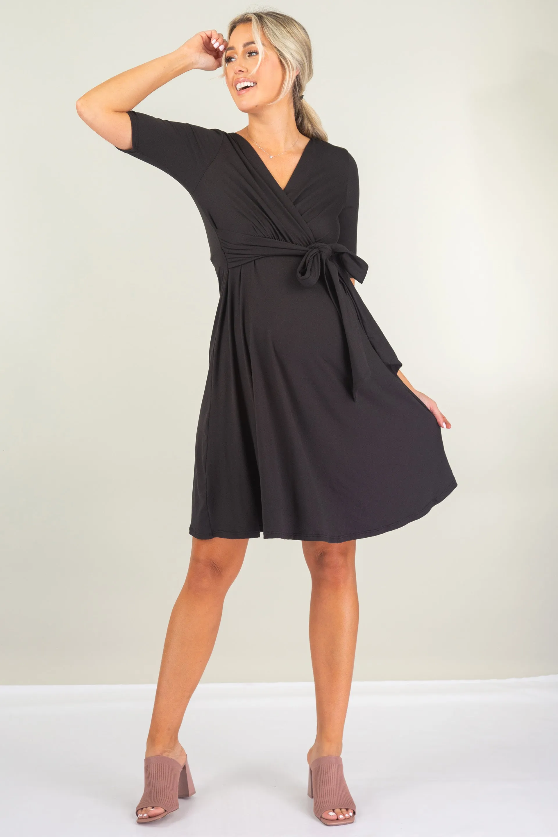 Maternity and Nursing Knee Length Dress with Tie Belt
