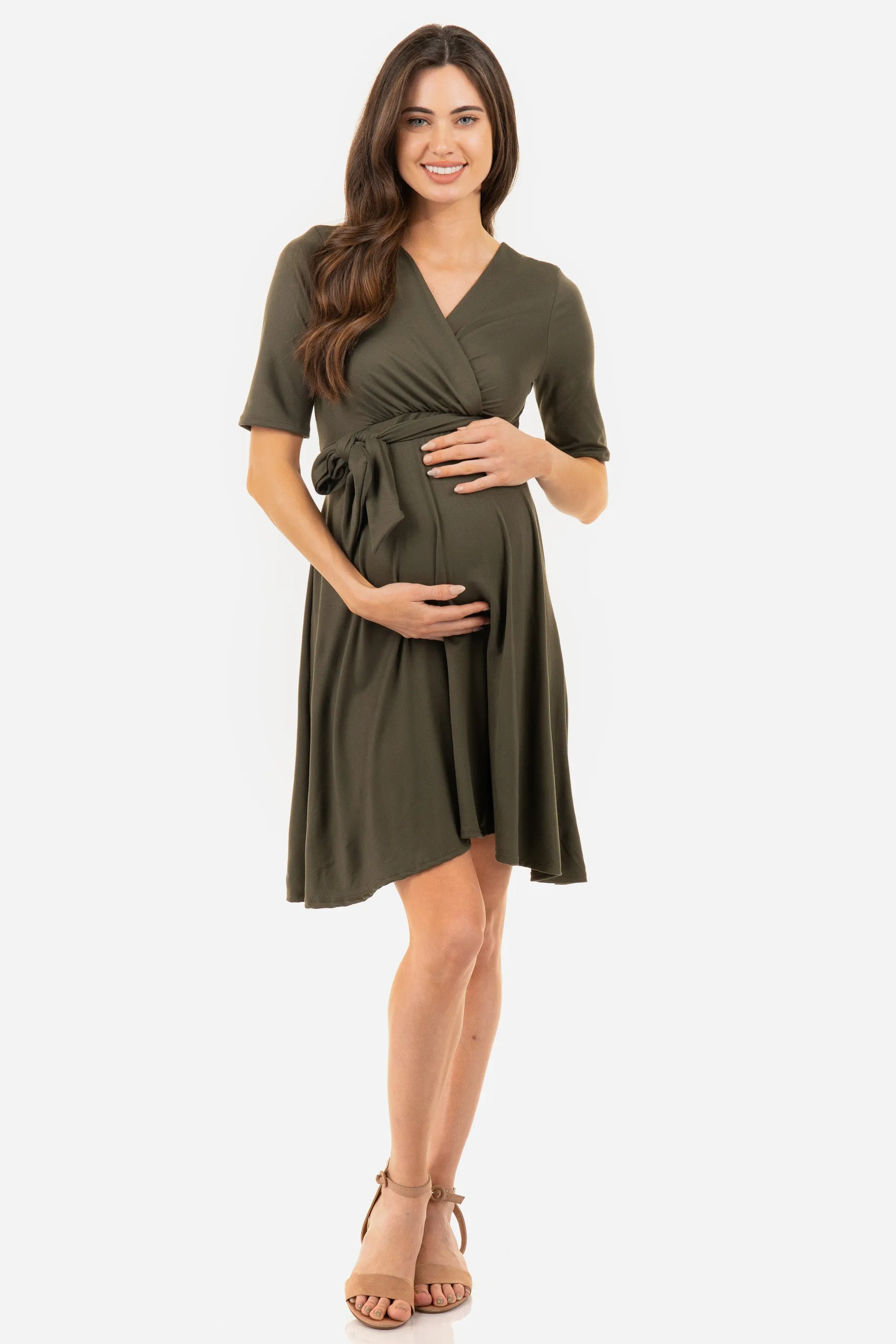 Maternity and Nursing Knee Length Dress with Tie Belt